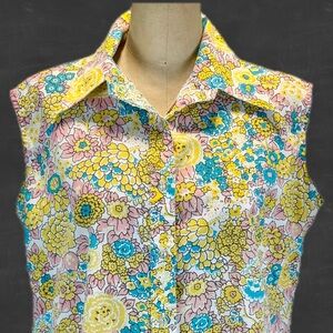 VINTAGE flower power‎ disco dagger collar button down shirt sleeveless 70s 60s